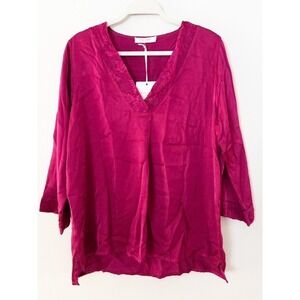La Vie En Rose Vintage V-Neck Blouse Top Floral Trim Long Sleeve Magenta XL